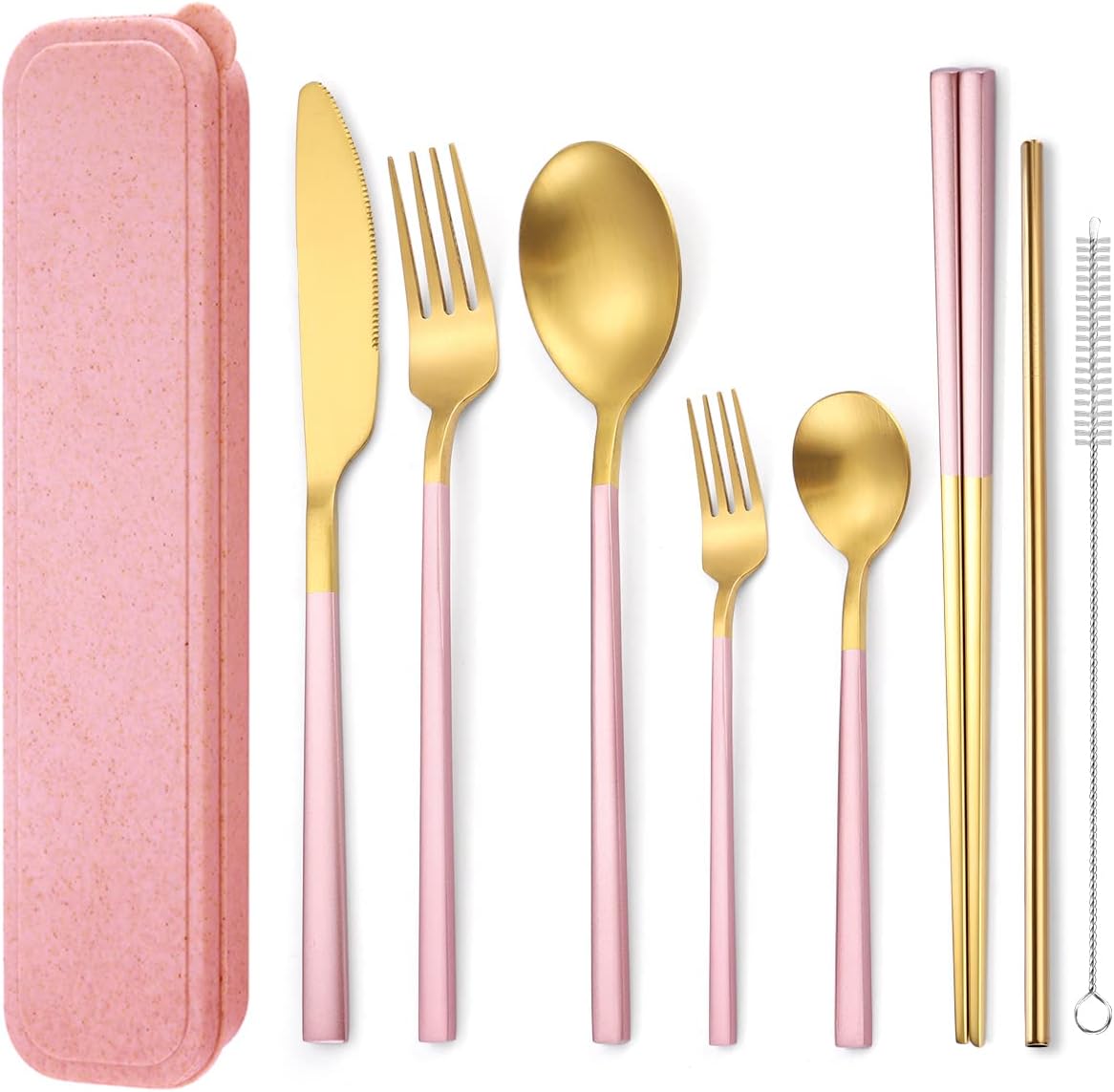 AARAINBOW 6 Pieces Stainless Steel Flatware Set Portable Reusable Cutlery Set Travel Utensils Set Including Chopsticks Knife Fork Spoon Straws Cleaning Brush Dishwasher Safe (B-Pink golden)