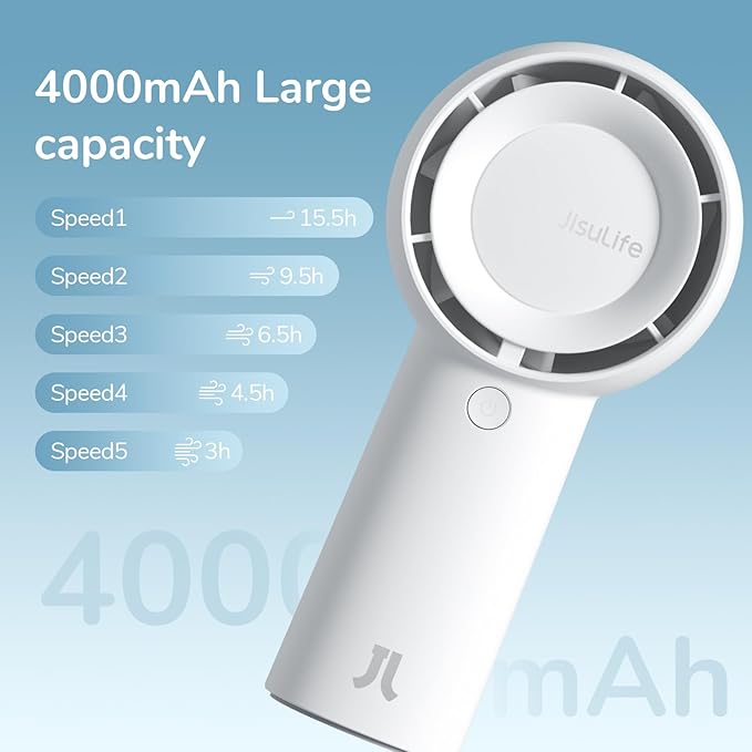 JISULIFE Portable Handheld Turbo Fan [16H Max Cooling Time], 4000mAh USB Rechargeable Personal Battery Operated Lash Small Pocket Fan with 5 Speeds for Travel/Outdoor/Vacation/Concerts - White-BubblyBeeBaby