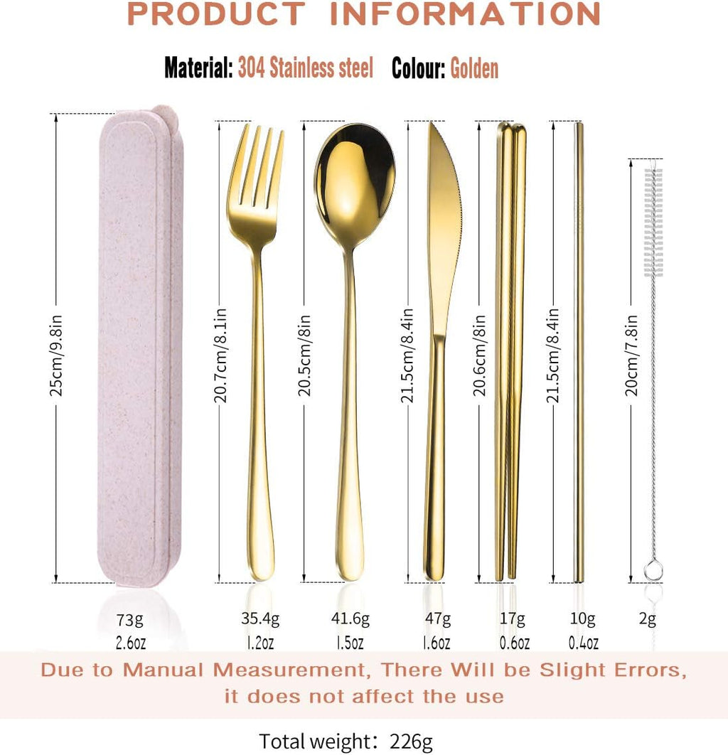 AARAINBOW 6 Pieces 18/8 Stainless Steel Flatware Set Portable Reusable Cutlery Set Travel Utensils Set Including Chopsticks Knife Fork Spoon Straws Cleaning Brush Dishwasher Safe (Golden)