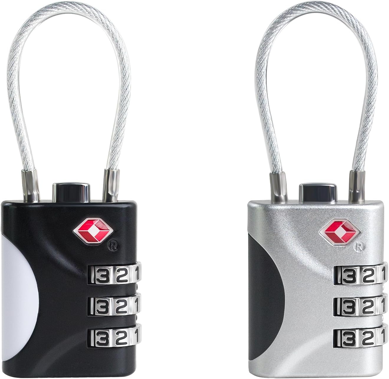 TSA Approved Luggage Locks - Small Combo Travel Padlock with Cable, TSA 007 Suitcase & Backpack Security, Durable & Easy to Use (Black+Silver)