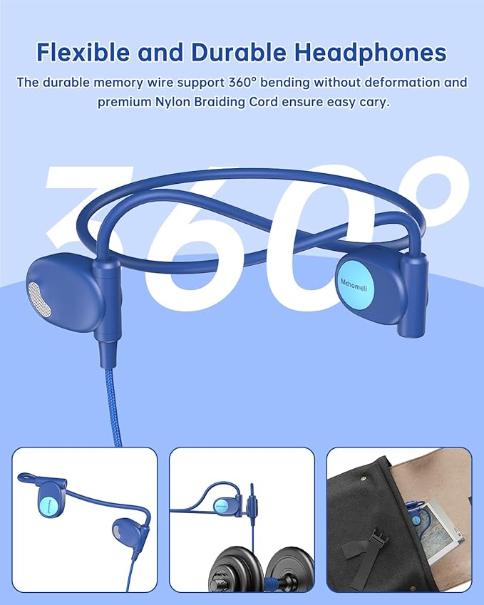 Kid Headphones for School, Air Conduction Open Ear Headphones, 3.5mm Jack Wired Cord, Ultra-Comfort, Ergonomic and Lightweight Design Perfect for School and Outdoor Activities-Blue-BubblyBeeBaby