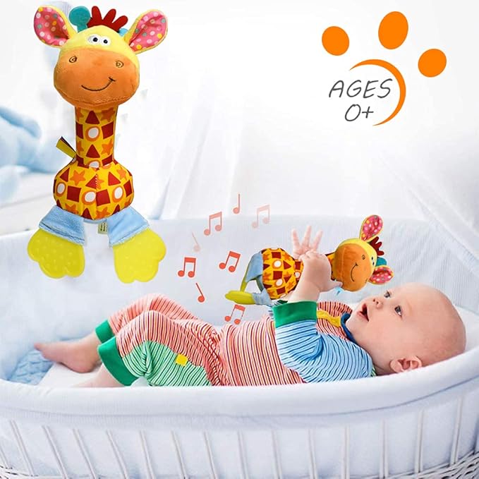 HUADADA Baby Soft Rattles Shaker, Infant Developmental Hand Grip Toys, Sensory Learning Toys with Teether, Sounds for Baby, 3-6-9-12 Months Old-BubblyBeeBaby