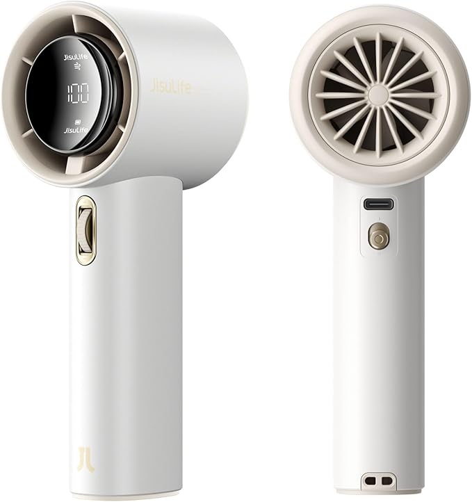 JISULIFE Portable Handheld Fan, Speed(1-100) Adjustable Turbo Mini and 3600mAh Battery Rechargeable Personal Fan, Digital Display, Gifts for Women Men Travel/Camping/Outdoor-White-BubblyBeeBaby