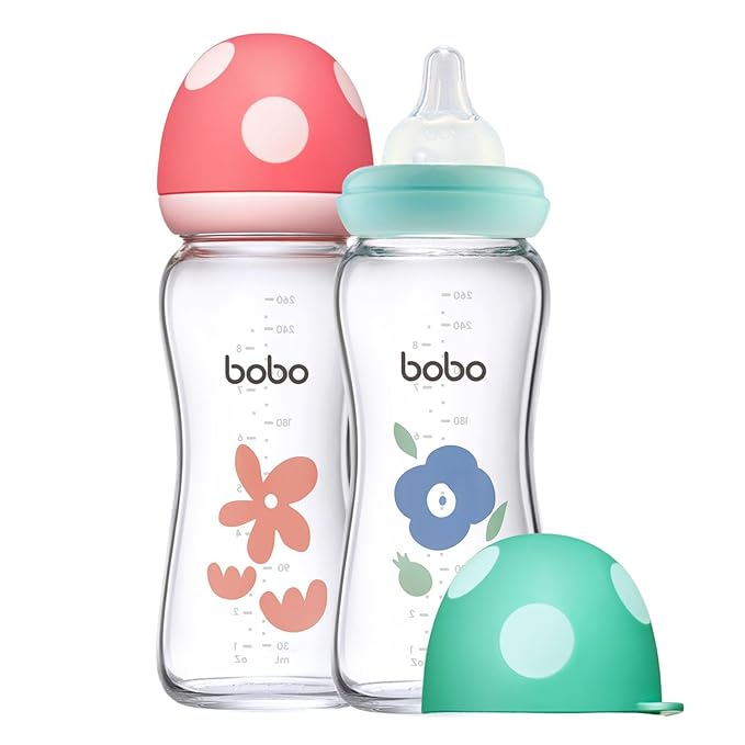 YOHKOH Natural Glass Baby Bottle with Natural Response Nipple, Newborn Anti-Colic Baby Bottles, Wide Neck Mushroom Cap Baby Bottle, Clear (8.8oz (Pack of 2), Multicolour)-BubblyBeeBaby