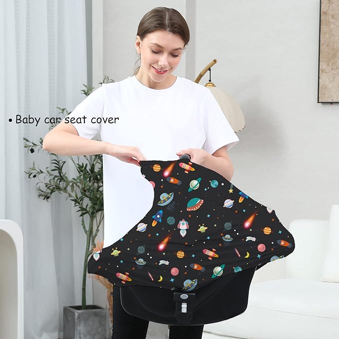 Carseat Covers Unisex - Black Creative Spacecraft Pattern Car Seat Canopy Cover for Babies, Multi-use Breastfeeding Cover, Baby Shower Gifts for Boy and Girls-BubblyBeeBaby