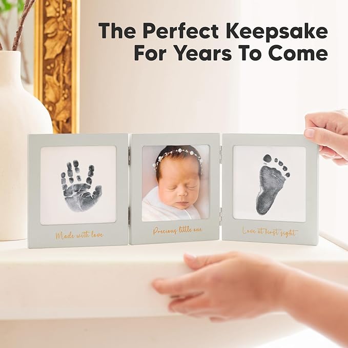 Inkless Baby Handprint and Footprint Kit for Newborn - Baby Footprint Kit, Newborn Keepsake Nursery Picture Frame,Dog Paw Print Maker,Personalized Gifts for New Mom,Showers & Registry(Cloud Gray/Gold)-BubblyBeeBaby
