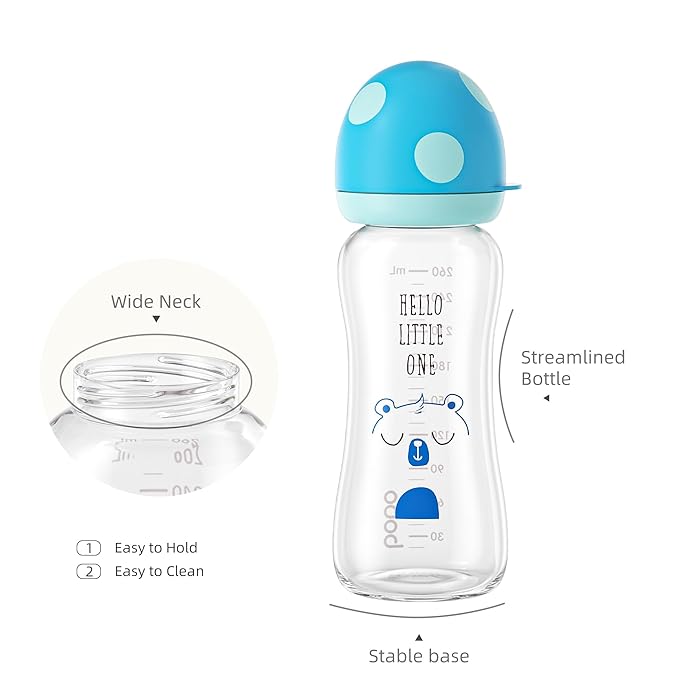 YOHKOH Natural Glass Baby Bottle with Natural Response Nipple, Newborn Anti-Colic Baby Bottles, Wide Neck Mushroom Cap Baby Bottle, Clear (8.8ounce (Pack of 4), Blue1)-BubblyBeeBaby