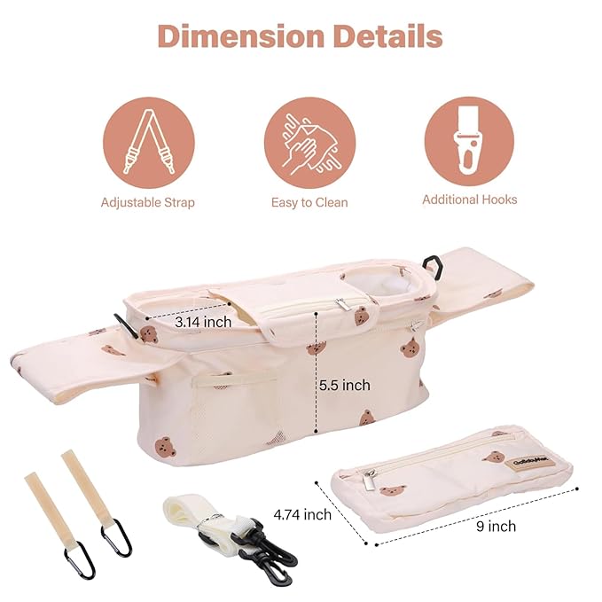 Universal Stroller Organizer with Cup Holders, Detachable Wristlet | Fits All Strollers | Stroller Diaper Bag Organizer with Phone Pocket, Insulated Bottle Holder & Storage Compartments-BubblyBeeBaby