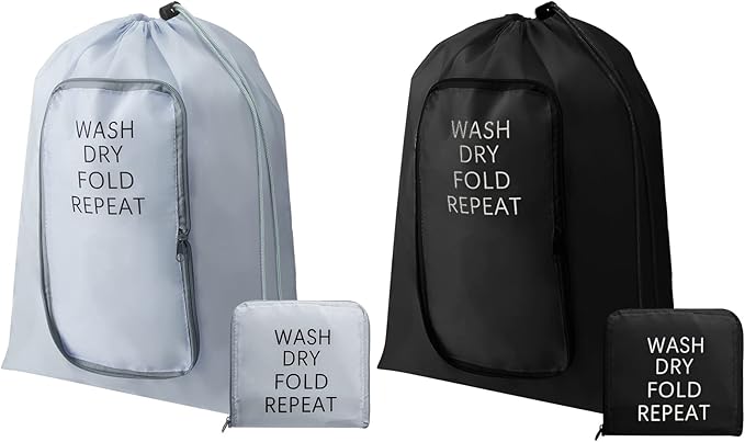 2 Pcs Travel Laundry Bag Washable Dirty Clothes Bag with Drawstring and Zipper for Suitcase, 22 x 18 Inch (Black, Gray,Classic)-BubblyBeeBaby