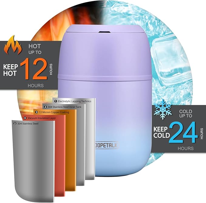 17 oz Insulated Lunch Containers Hot Food Jar, Wide Mouth Lunch Thermo for Hot Food Kids Adults, Vacuum Stainless Steel Thermo Lunch Box With Handle Folding Spoon for School, Office(Purple blue)-BubblyBeeBaby