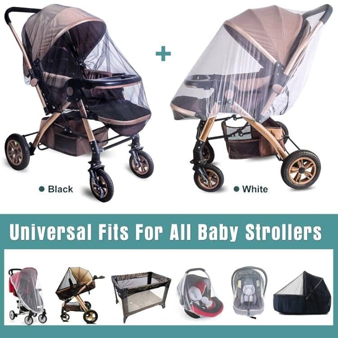 Durable Baby Stroller Mosquito Net (2 Pack) - Universal Elastic Edge Mesh Cover for Bassinets, Cradles, Playards, Car Seats & Mini Cribs | Breathable Travel Essential Newborn Protection (Black+White)-BubblyBeeBaby