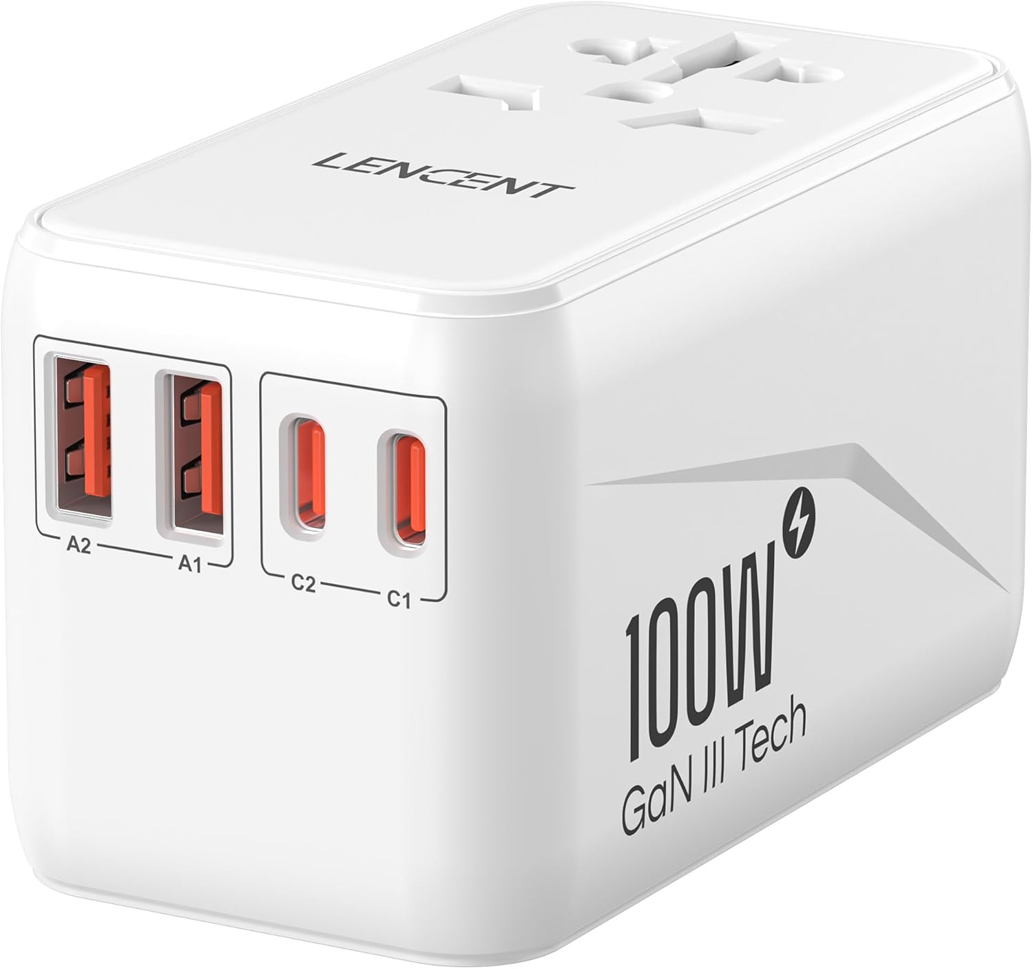 LENCENT Universal Travel Adapter, 100W GaN3 International Adaptor with 2 QC3.0 USB-A+2 PD3.0 Type-C PPS Fast Charging, Worldwide Wall Charger for iPhone,Laptop, Plug Adapter USA/UK/EU/AU