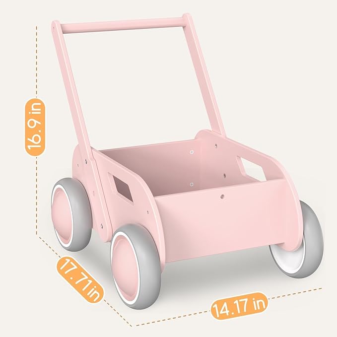 2025 HOMEKOL Wooden Baby Walker,Baby Push Walker, Adjustable Speed Baby Walker for Boys and Girls, Baby Activity Center, Gift for Birthday, Christmas and New Year Nature Pink-BubblyBeeBaby
