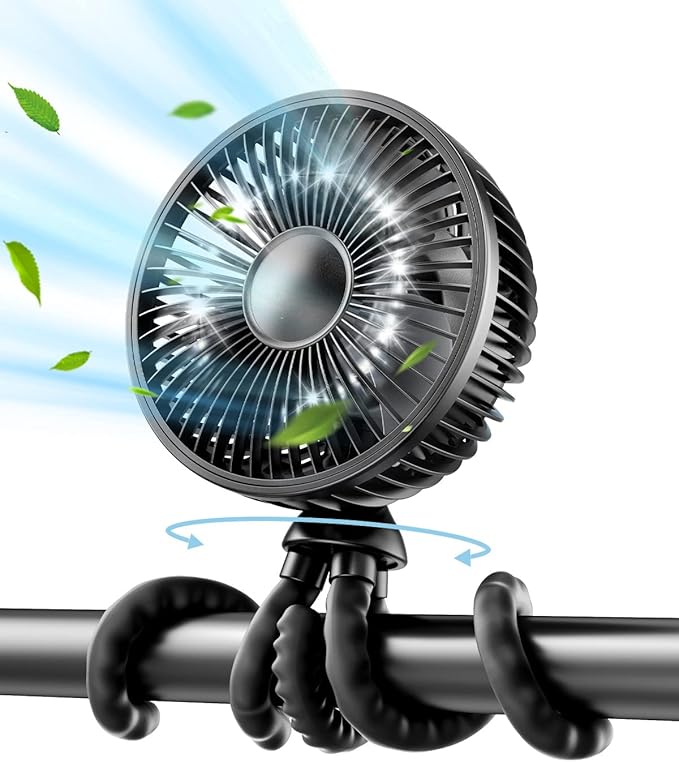 Gaiatop Baby Stroller Fan, 4000mAh Oscillating Mini Portable Fan with Light, 4 Speeds Battery Operated Small Handheld Desk Fan, 360° Rotate Flexible Tripod Clip On Fan for Car Seat Crib Travel Black-BubblyBeeBaby