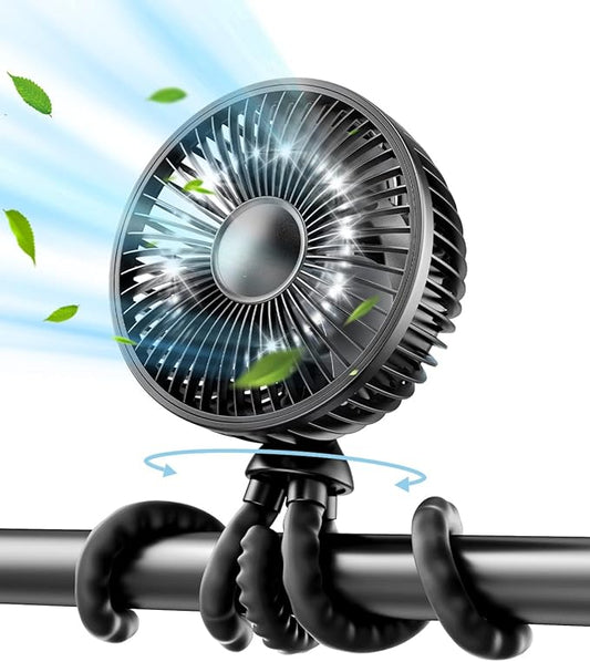 Gaiatop Baby Stroller Fan, 4000mAh Oscillating Mini Portable Fan with Light, 4 Speeds Battery Operated Small Handheld Desk Fan, 360° Rotate Flexible Tripod Clip On Fan for Car Seat Crib Travel Black-BubblyBeeBaby