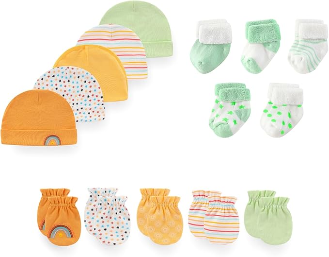 15 Pack Unisex New Born Boy Girls Hats Mittens Socks Sets Cotton Soft Infant Accessory 0-6 Months Baby Essentials-BubblyBeeBaby