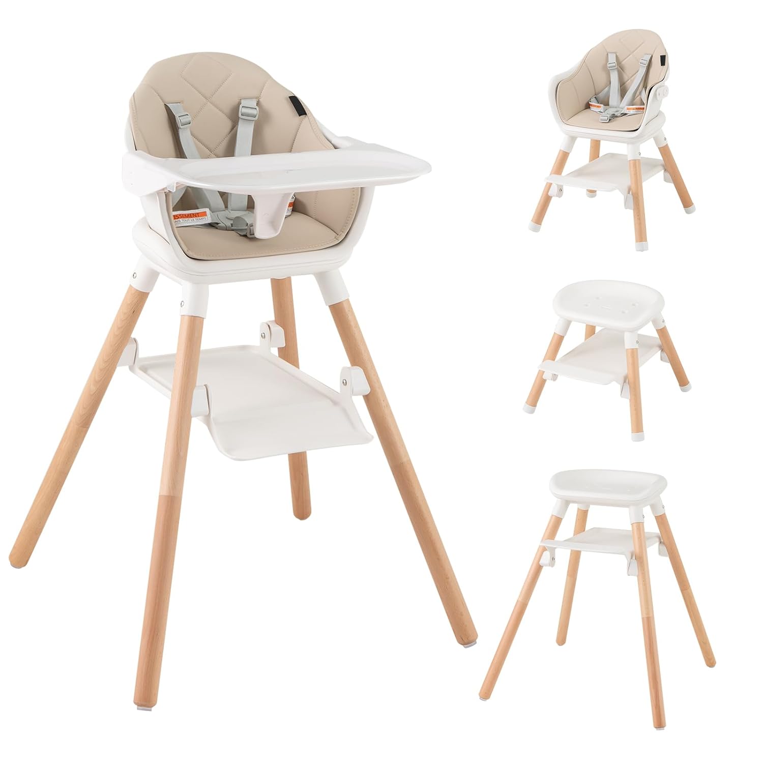 HONEY JOY Baby High Chair, 6 in 1 Convertible Wooden Highchair for Babies and Toddlers/Chair/Bar Stool, Removable Double Tray & Reversible Footrest, Safety Harness for Infant Boys Girls (Beige)
