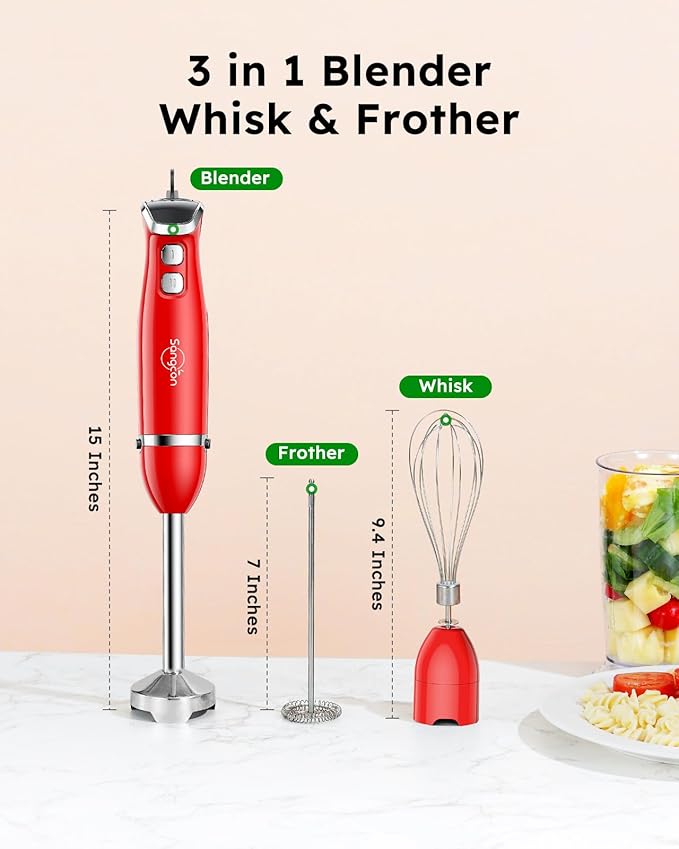 Sangcon Immersion Blender Handheld, 3-in-1 Hand Blender Electric, 400W Handheld Blender, Stainless Steel Blade Stick Blender with Whisk, Milk Frother Attachments - Red-BubblyBeeBaby