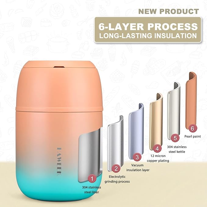 Insulated Food Container 17 oz Soup Thermo for Hot Food Adults, Stainless Steel Vacuum Lunch Box with Folding Spoon, Adult Kids Thermo Portable with Handle for School, Office, Outdoor-BubblyBeeBaby