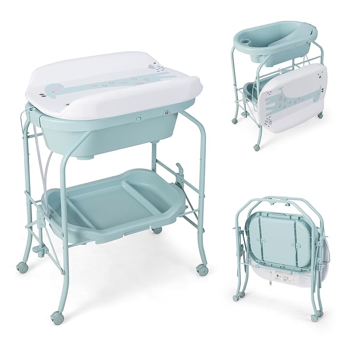 HONEY JOY Baby Changing Table with Bathtub, Foldable Infant Diaper Changing Station with Wheels, Storage Tray, Waterproof Pad, Portable Newborn Nursery Organizer Bath Stand for Boys Girls (Blue)-BubblyBeeBaby