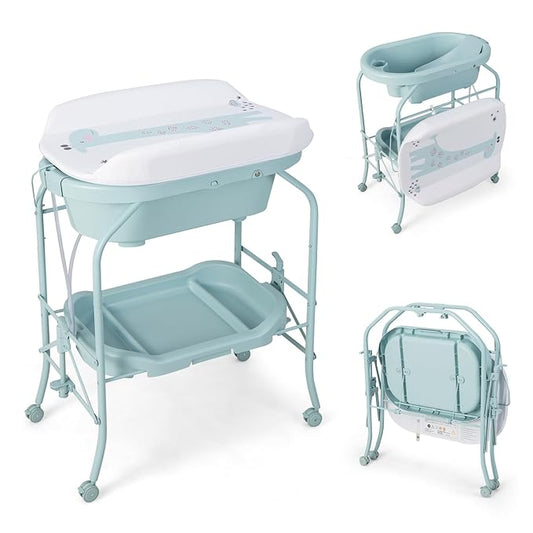 HONEY JOY Baby Changing Table with Bathtub, Foldable Infant Diaper Changing Station with Wheels, Storage Tray, Waterproof Pad, Portable Newborn Nursery Organizer Bath Stand for Boys Girls (Blue)-BubblyBeeBaby