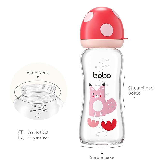 YOHKOH Natural Glass Baby Bottle with Natural Response Nipple, Newborn Anti-Colic Baby Bottles, Wide Neck Mushroom Cap Baby Bottle, Clear (8.8ounce (Pack of 2), Red2)-BubblyBeeBaby