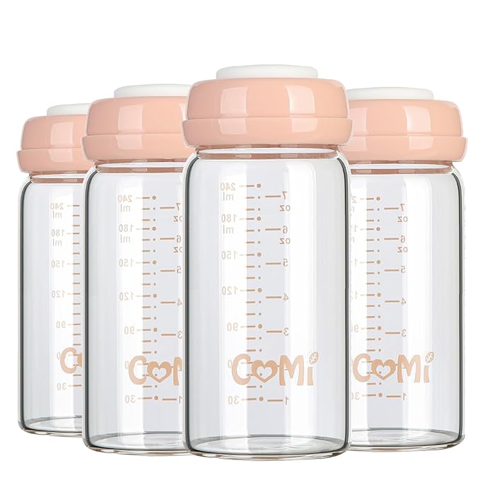 COMI Wide Neck Glass Breastmilk Collection n Storage Bottle, 8oz with Screw Ring Sealing Disk; Re-markable Sealing Disc. BPA Free, Fits Breast Pumps & Nipples (4 Pink Lids)-BubblyBeeBaby