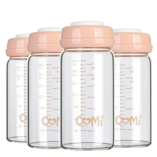 COMI Wide Neck Glass Breastmilk Collection n Storage Bottle, 8oz with Screw Ring Sealing Disk; Re-markable Sealing Disc. BPA Free, Fits Breast Pumps & Nipples (4 Pink Lids)-BubblyBeeBaby