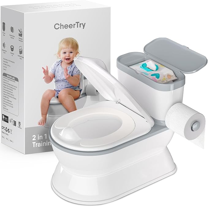 2-in-1 Toddler Potty Training Toilet - Larger Potty Chair & Detachable Training Seat for Boys & Girls Ages 1-3 with Flushing Sound, Wipes Storage, Toilet Paper Holder - Grey-BubblyBeeBaby
