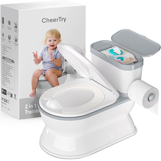 2-in-1 Toddler Potty Training Toilet - Larger Potty Chair & Detachable Training Seat for Boys & Girls Ages 1-3 with Flushing Sound, Wipes Storage, Toilet Paper Holder - Grey-BubblyBeeBaby