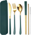 AARAINBOW 6 Pieces 18/8 Stainless Steel Flatware Set Portable Reusable Cutlery Set Travel Utensils Set Including Chopsticks Knife Fork Spoon Straws Cleaning Brush Dishwasher Safe (Green golden)