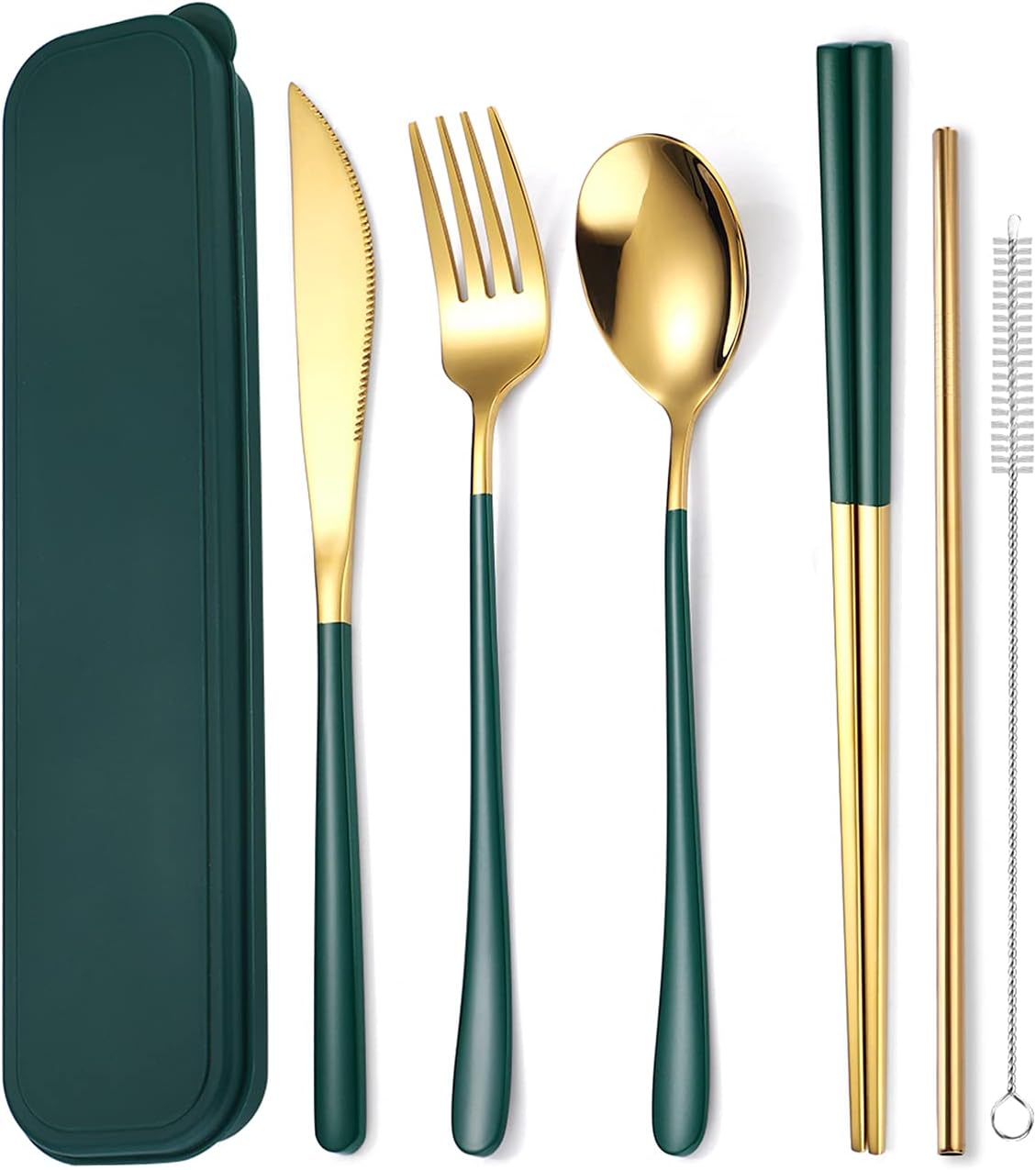 AARAINBOW 6 Pieces 18/8 Stainless Steel Flatware Set Portable Reusable Cutlery Set Travel Utensils Set Including Chopsticks Knife Fork Spoon Straws Cleaning Brush Dishwasher Safe (Green golden)