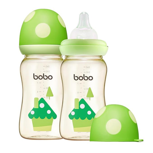 YOHKOH PPSU Baby Bottle Wide Neck, Newborn Anti-Colic Baby Bottle with Natural Response Nipple, Streamlined Body, Easy to Clean (8.8oz (Pack of 2), Green)-BubblyBeeBaby