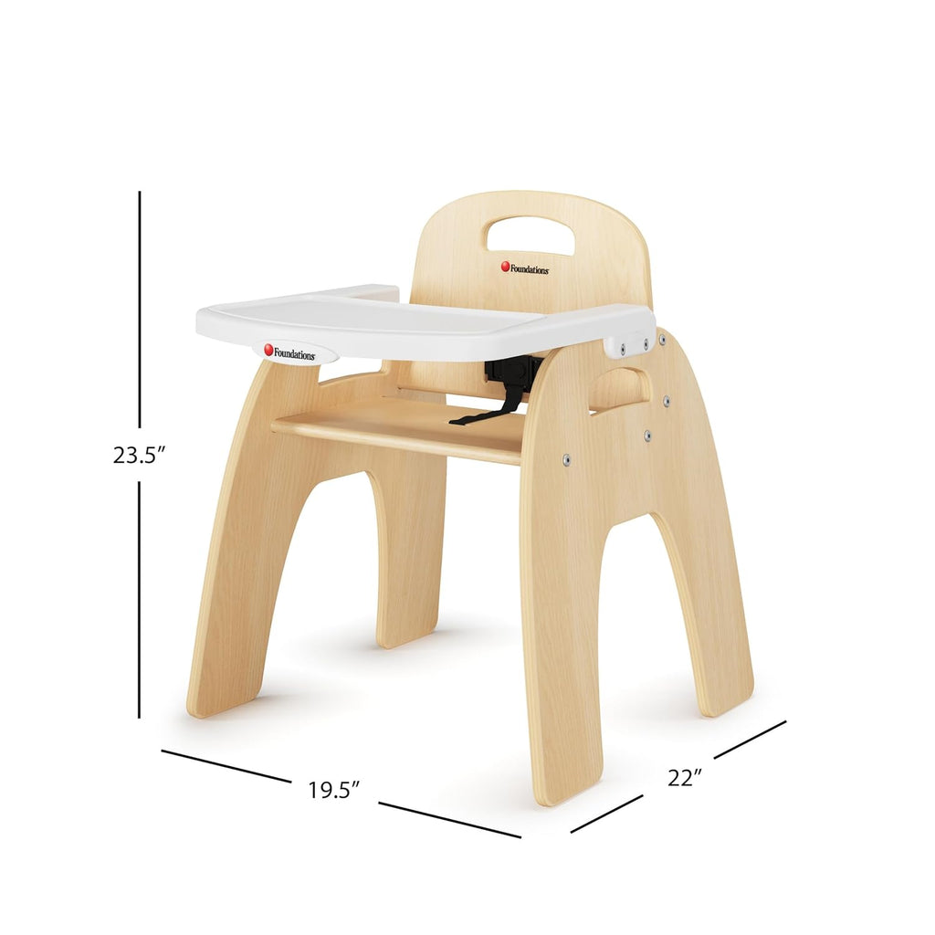 Foundations Easy Serve Low Wood Feeding Chairs Multipack, Adjustable Harness, Removable Dishwasher Safe Tray, No-Tip Base, Stackable Toddler Chairs, 2 Pack (13 inch)