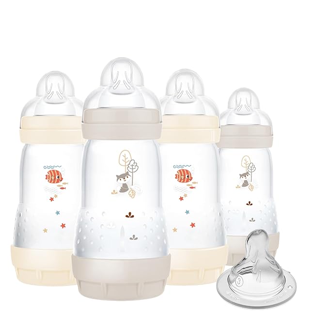 MAM 9oz Easy Start Anti-Colic Baby Bottles, Medium Flow with Bonus Fast Flow Nipple, Breastfeeding-Like Silicone, Reduces Colic and Gas, Easy-to-Clean, BPA-Free, 2 Plus Months-BubblyBeeBaby