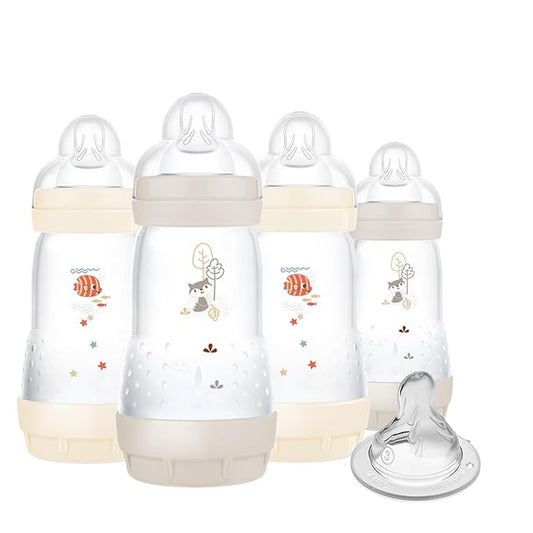 MAM 9oz Easy Start Anti-Colic Baby Bottles, Medium Flow with Bonus Fast Flow Nipple, Breastfeeding-Like Silicone, Reduces Colic and Gas, Easy-to-Clean, BPA-Free, 2 Plus Months-BubblyBeeBaby