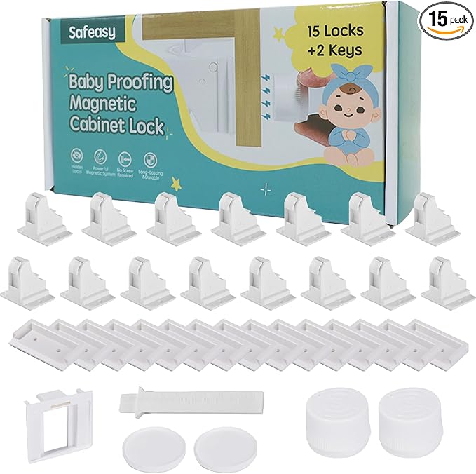 15 Pack Magnetic Cabinet Locks Baby Proofing - Safeasy Child Safety Latches for Cabinets, Drawers & Cupboards - Quick-Adhesive Installation (15 Locks + 2 Keys)-BubblyBeeBaby