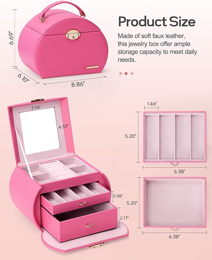 Homde Girls Jewelry Box Jewelry Storage Case Organizer with Mirror for Rings, Earrings, Bracelets, Necklaces (Pink + Gold)-BubblyBeeBaby