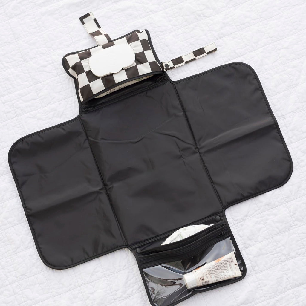 Tiny Twinkle Portable Diaper Changing Pad-Foldable Waterproof Changing Mat&Portable Changing Pad for Travel,Baby Changing Station with Smart Wipes Pocket&Storage (Black Checkers)