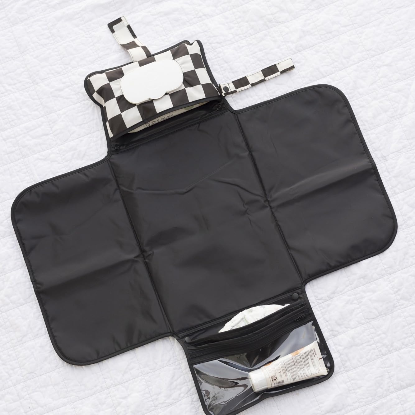 Tiny Twinkle Portable Diaper Changing Pad-Foldable Waterproof Changing Mat&Portable Changing Pad for Travel,Baby Changing Station with Smart Wipes Pocket&Storage (Black Checkers)