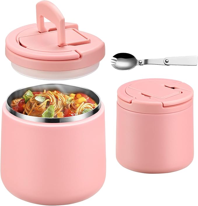 20oz Insulated Vacuum Food Jar with Buckle Lid,Soup Thermo for Hot Food Kids,Wide Mouth Leakproof Stainless Steel Lunch Container with Spoon-Pink-BubblyBeeBaby