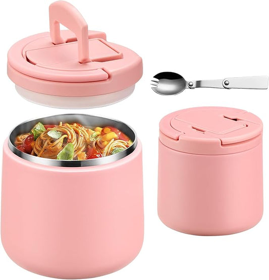 20oz Insulated Vacuum Food Jar with Buckle Lid,Soup Thermo for Hot Food Kids,Wide Mouth Leakproof Stainless Steel Lunch Container with Spoon-Pink-BubblyBeeBaby