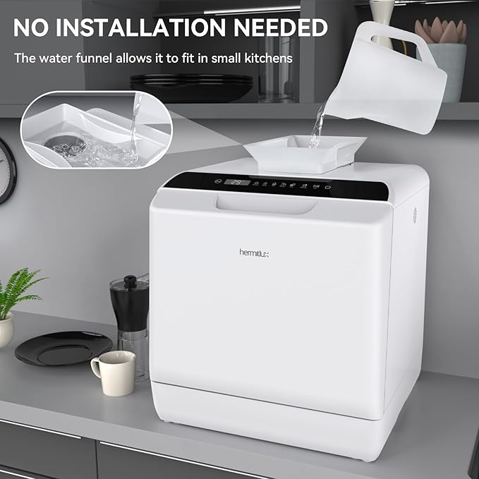 Hermitlux Countertop Dishwasher, 5 Washing Programs Portable Dishwasher With 5-Liter Built-in Water Tank, No Hookup Needed-BubblyBeeBaby