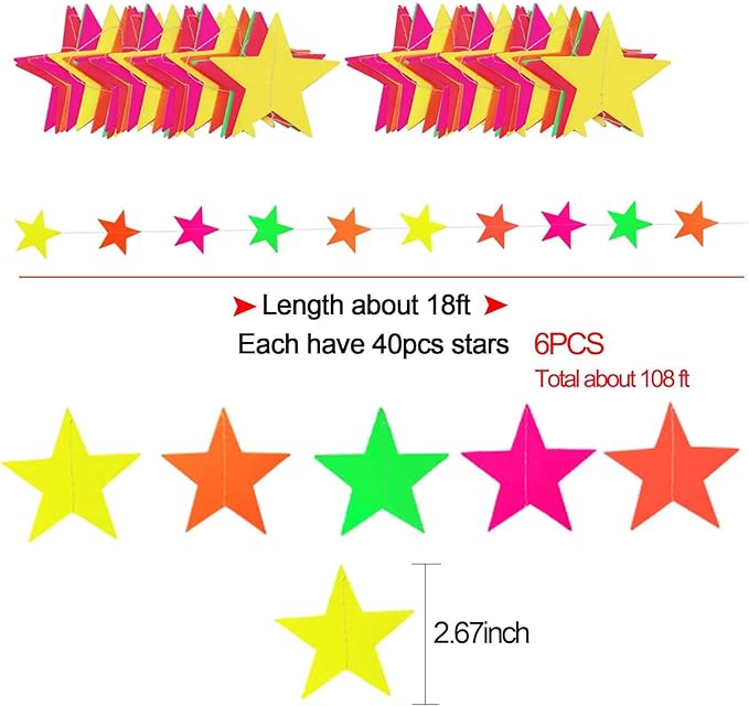 108ft Neon Glow Party Star Paper Garland UV Glow in The Dark Party Supplies Garlands Neon Paper Streamers for Blacklight Fluorescent Supplies for Birthday Wedding Decorations-BubblyBeeBaby