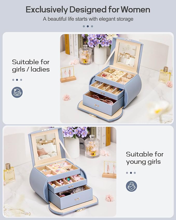 Homde Girls Jewelry Box Jewelry Storage Case Organizer Faux Leather with Mirror for Rings, Earrings, Bracelets, Necklaces (Grey Blue)-BubblyBeeBaby