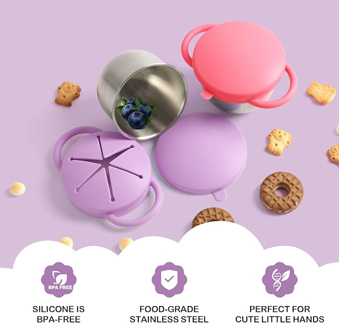 2 Pack Snack Cups for Toddlers Spill Proof - Detachable Stainless Steel Toddler Snack Cups with Silicone Lids & Handles - Dishwasher Safe Baby Snack Containers for Mess-Free Snacking (Red and Purple)-BubblyBeeBaby