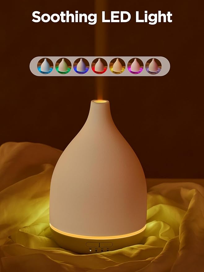 InnoGear Oil Diffuser, 300ML Ceramic Diffuser for Essential Oils Handcrafted Aromatherapy Diffuser Ultrasonic Cool Mist Humidifier with 4 Timers Waterless Auto Off for Room Office, White Base-BubblyBeeBaby