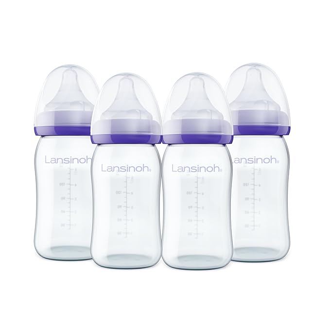 Lansinoh Anti-Colic Glass Baby Bottles, 5 Ounces, 4 Count Bottles for Feeding, Baby Essentials, Includes 4 Slow Flow Nipples, Size S-BubblyBeeBaby