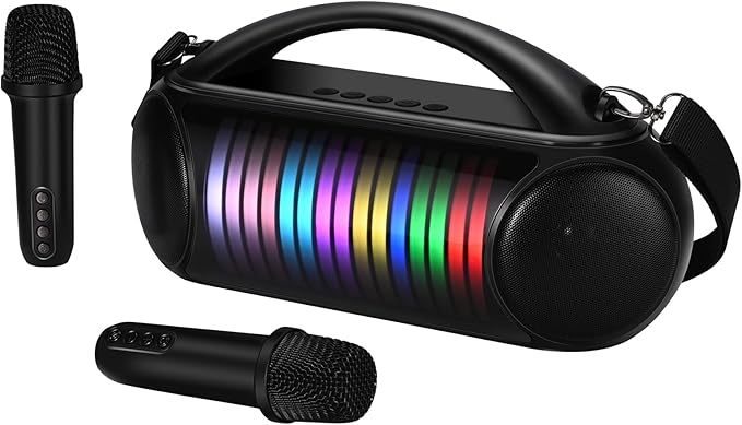 Karaoke Machine Portable Bluetooth Speaker with 2 Wireless Microphones Rechargeable Karaoke Machine for Kid and Adult Party PA Speaker Multiple LED Light Mode Support TWS/Radio/AUX/REC-BubblyBeeBaby