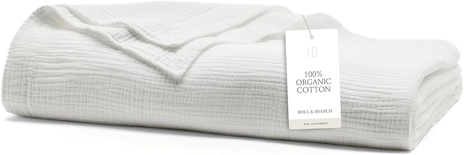 BOLL & BRANCH Dream Bed Blanket - King/Cal King, White - Luxury 100% Organic Cotton - Soft, Lightweight and Breathable - Cloud-Like Touch